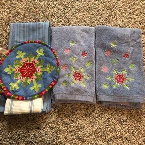 Vintage blue Christmas kitchen towel bundle snowflakes